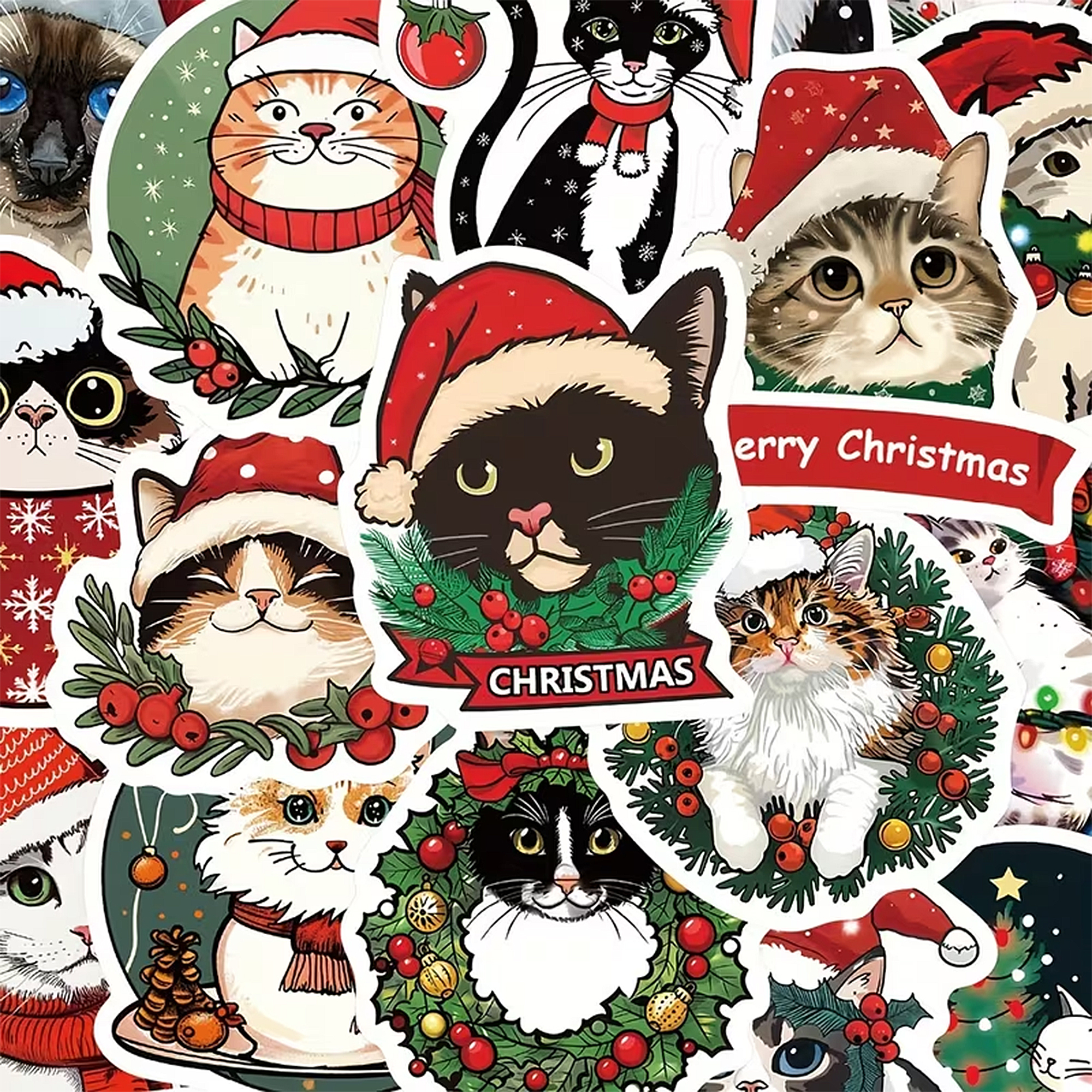 Weihnachts Katzen Sticker – 50-teiliges Set aus mattem Vinyl