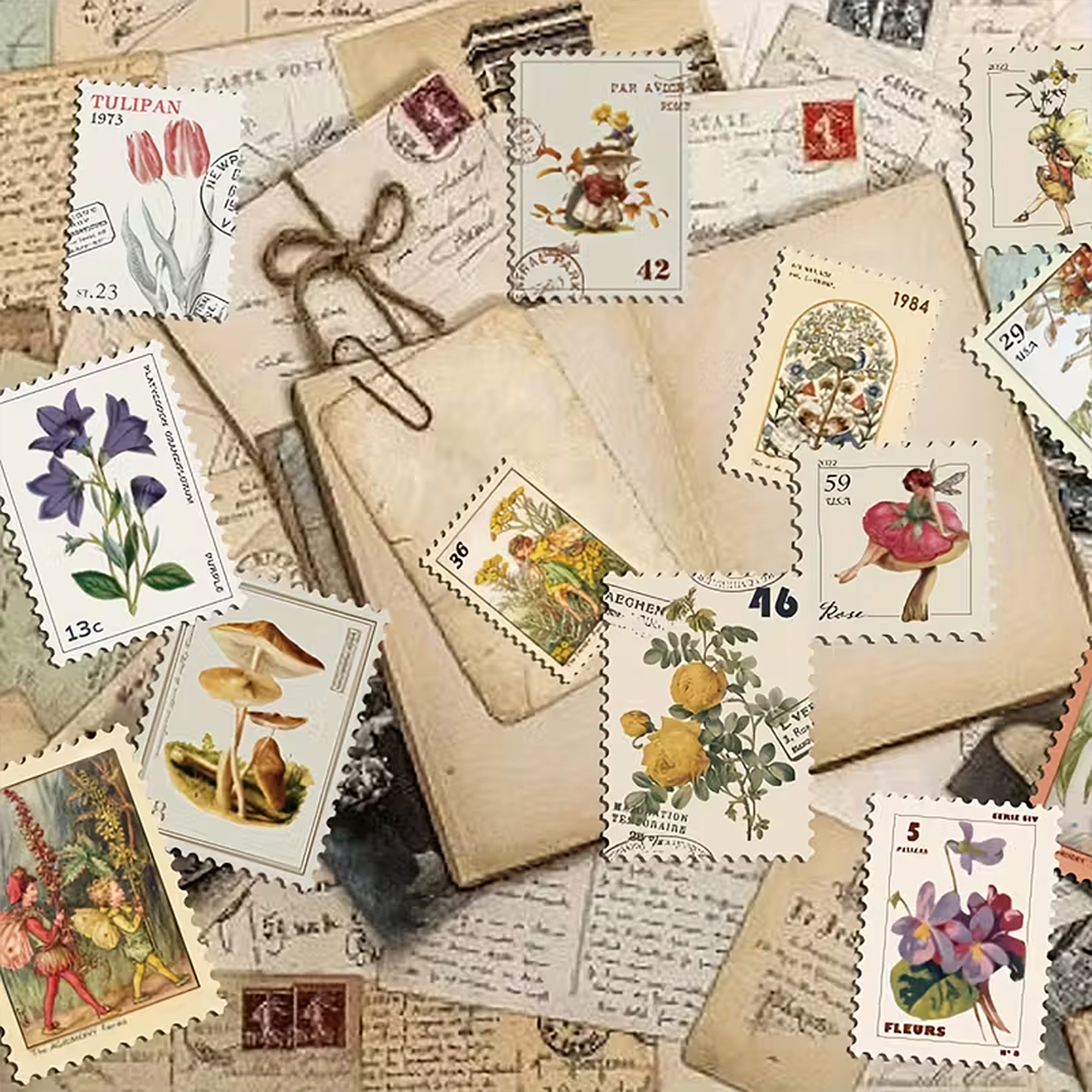 Botanische Briefmarken Sticker – 50 Motive floraler Pflanzen im Vintage-Look