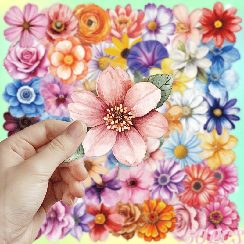 Aquarell Blumen Sticker Set – 50 transparente Motive auf PET-Folie