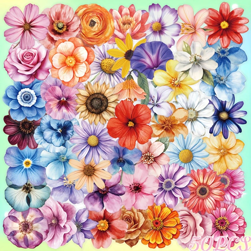 Aquarell Blumen Sticker Set – 50 transparente Motive auf PET-Folie