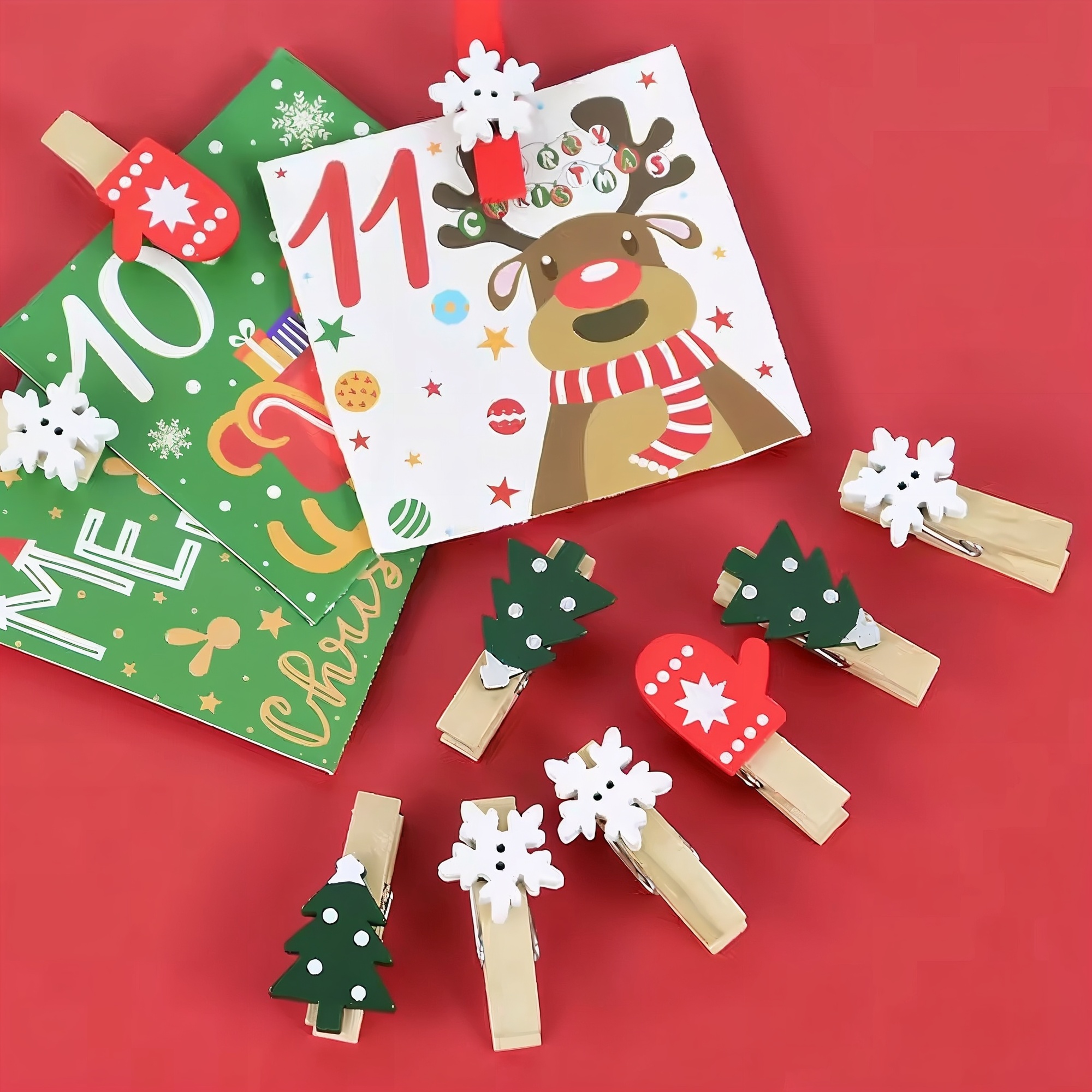 Mini Holzklammern Weihnachten Set – 12-teilig, bemalt, verschiedene Motive