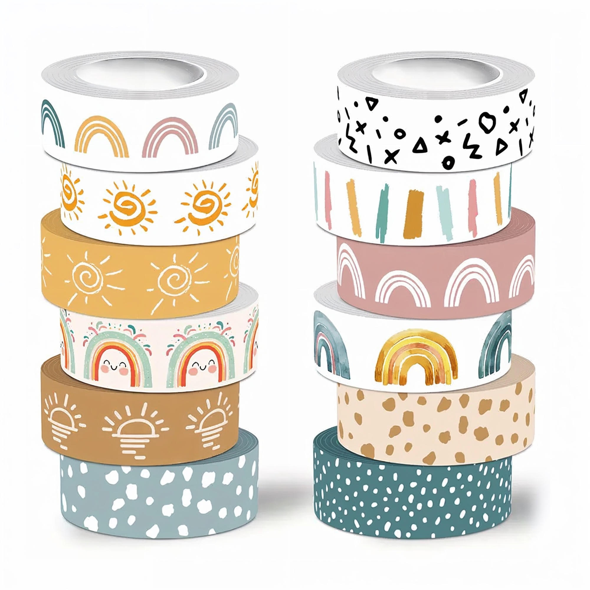Boho Washi Tape Set – 12 Rollen mit Regenbogen- und Grafikmotiven