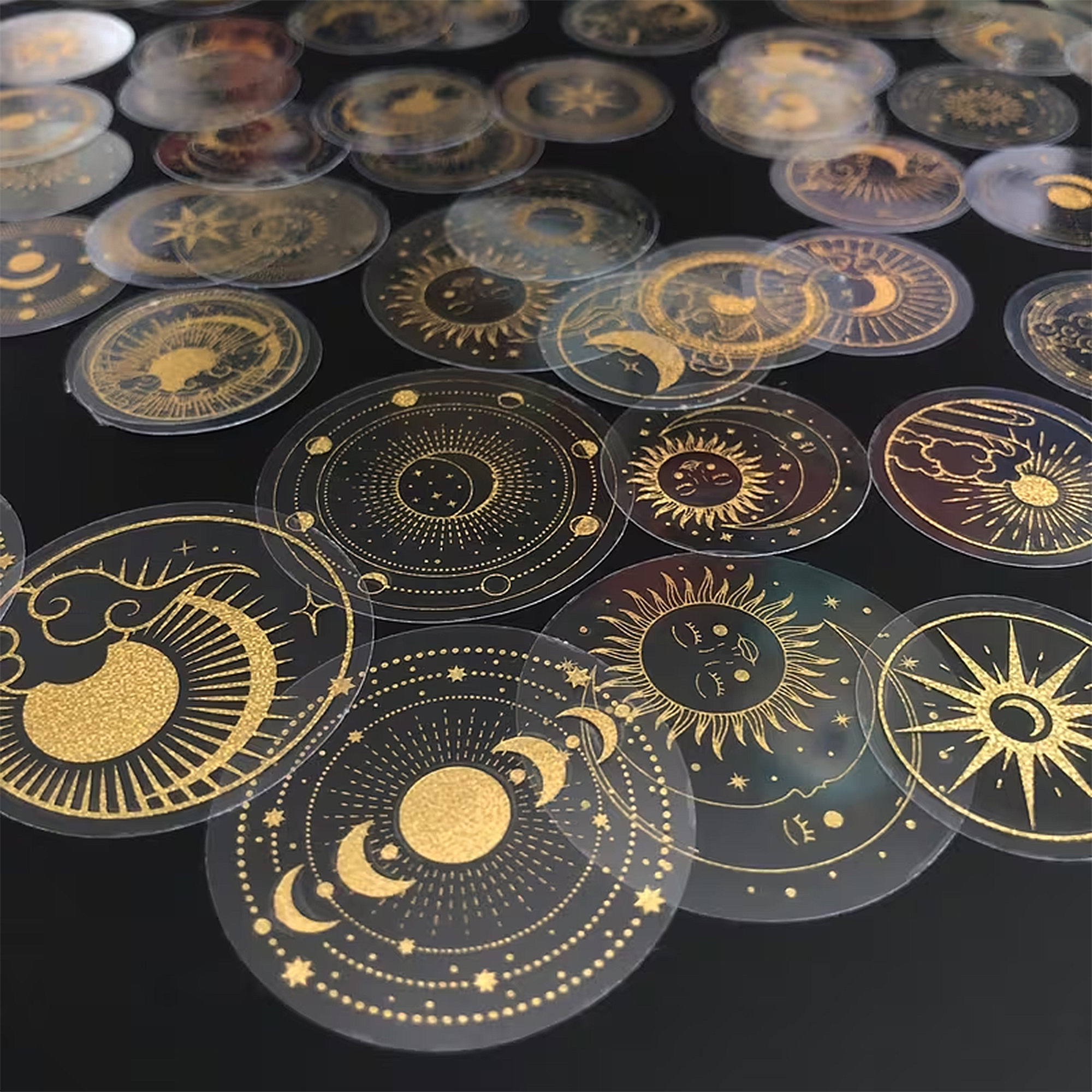Transparente Schimmer-Sticker Set – 70 PET-Folie Aufkleber mit Mond, Sonne & Sternen