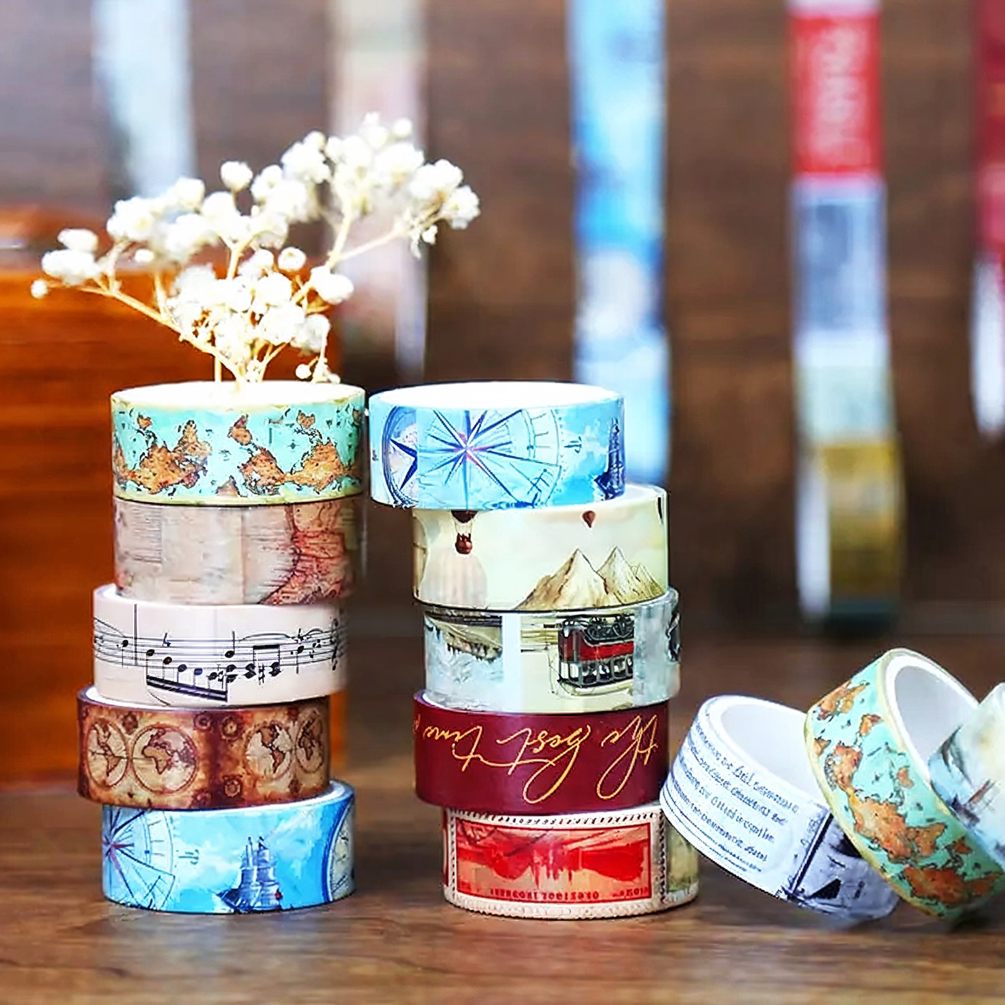 Retro Washi Tape Set – 12er-Set mit Reise-Motiven aus Washi-Papier