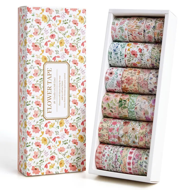 Washi Tape Set Blumen – 32 Rollen mit floralen Mustern aus Papier