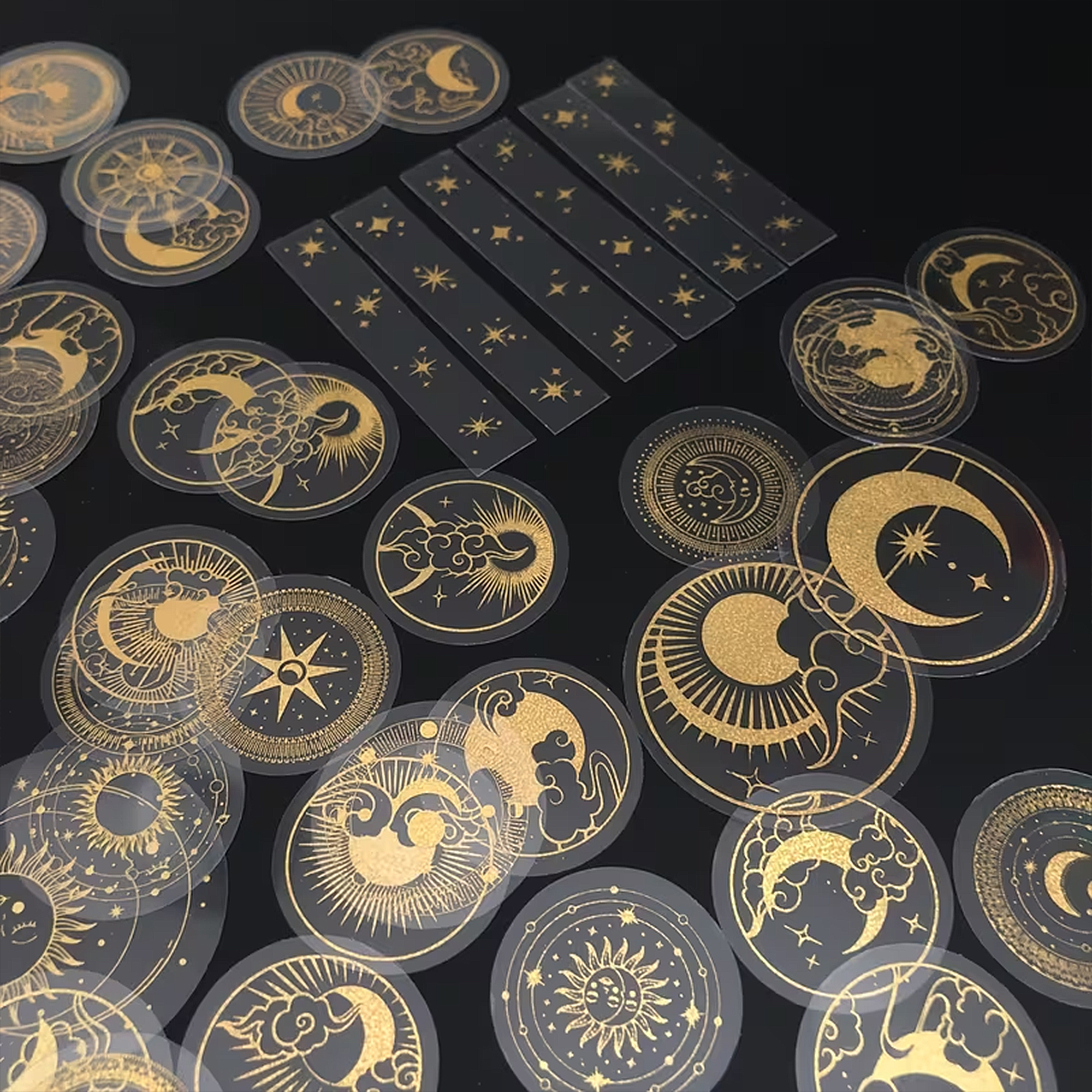 Transparente Schimmer-Sticker Set – 70 PET-Folie Aufkleber mit Mond, Sonne & Sternen